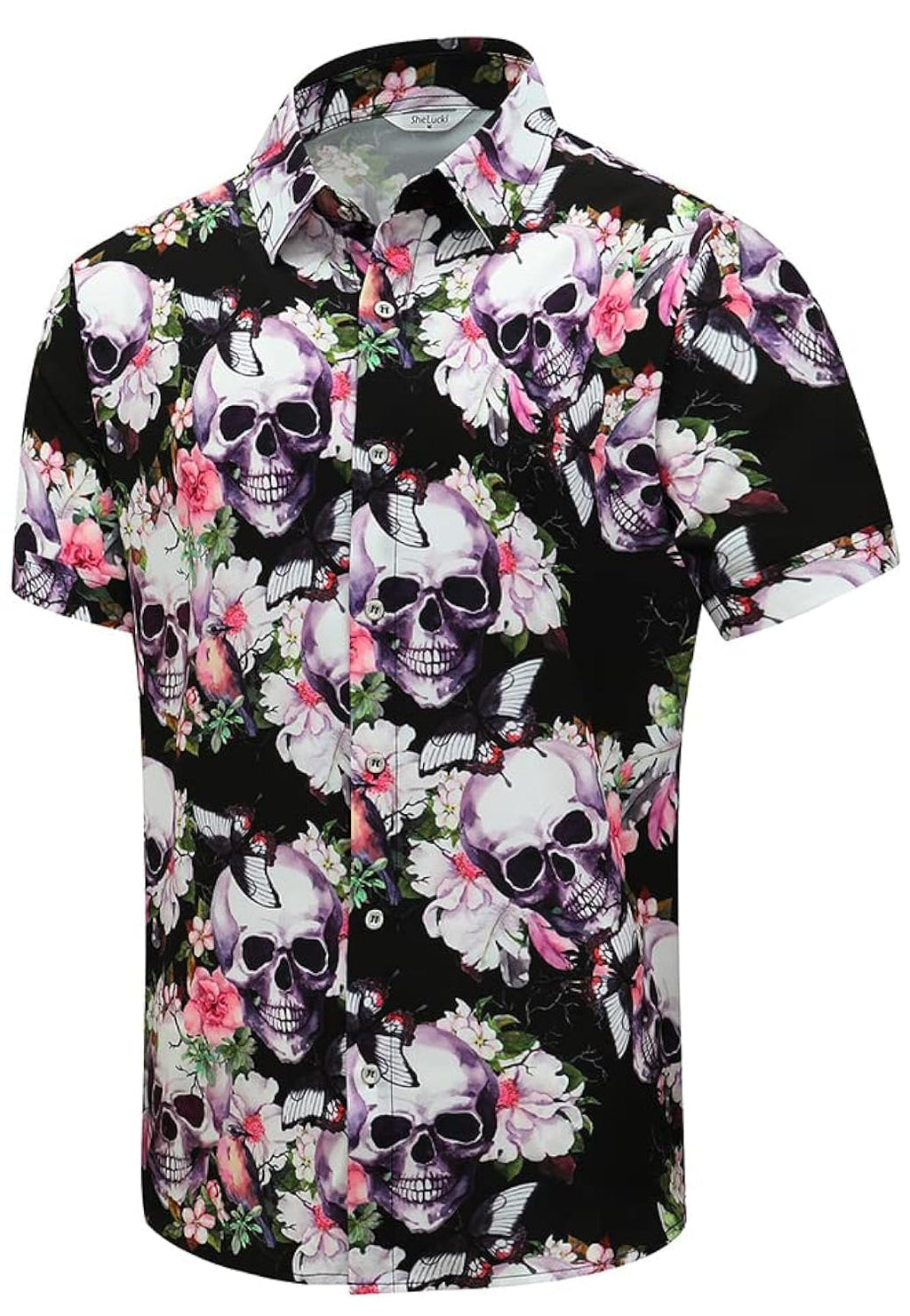 SheLucki Hawaiian Shirt for Men, Unisex Summer Beach Casual Short Sleeve Button Down Shirts, Printed Palmshadow Clothing