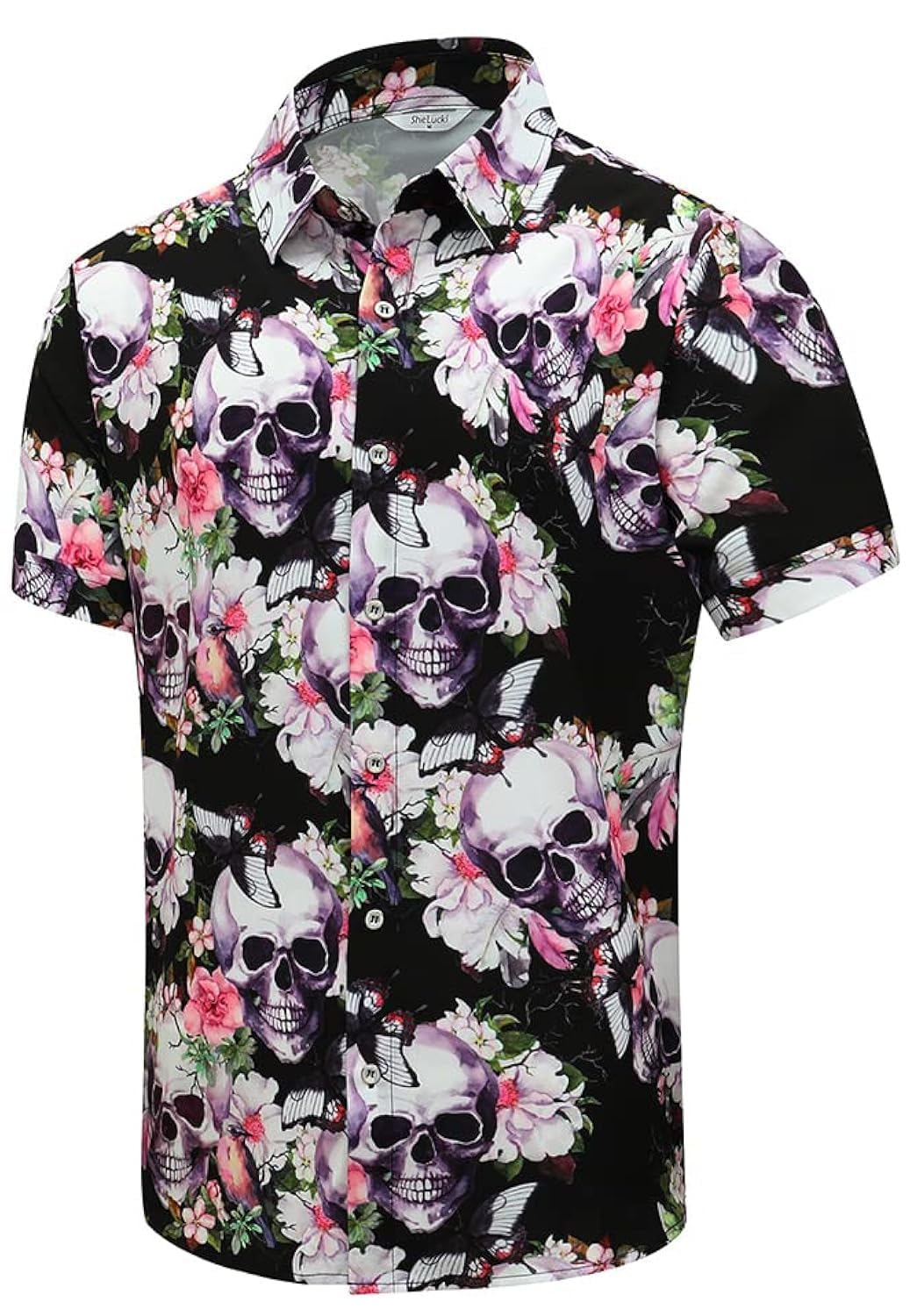 SheLucki Hawaiian Shirt for Men, Unisex Summer Beach Casual Short Sleeve Button Down Shirts, Printed Palmshadow Clothing