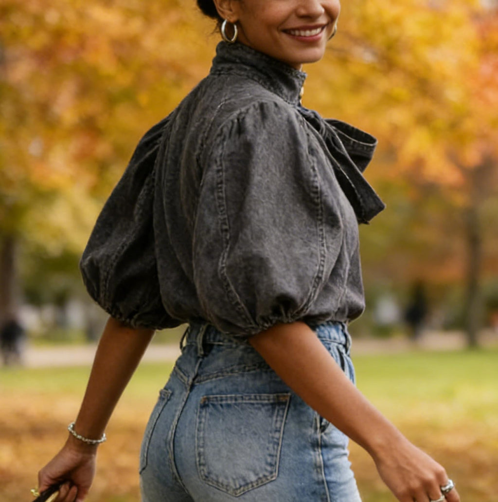 Women's Bow Design Denim Pullover Top Button Up High Neck Fashionable Jacket with Elastic and Puff Sleeves