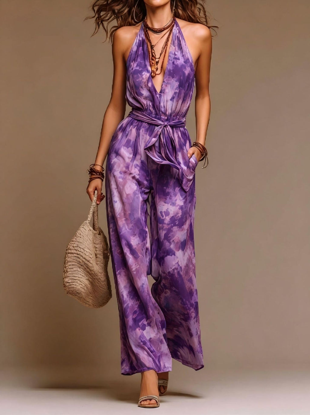 Women's Sexy Sleeveless Jumpsuit Print Halter Jumpsuit Wide Leg Pants Jumpsuit One Piece Club Jumpsuit with Belts