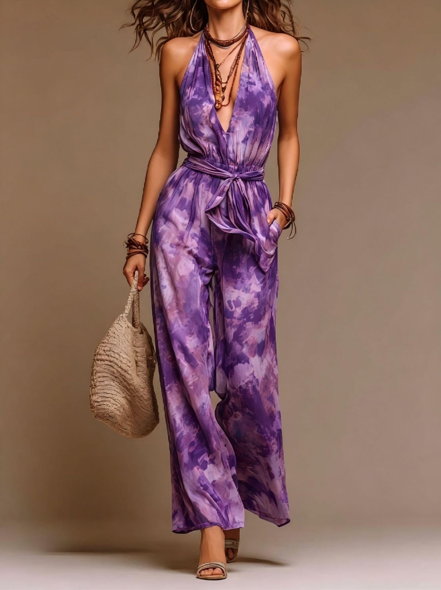 Women's Sexy Sleeveless Jumpsuit Print Halter Jumpsuit Wide Leg Pants Jumpsuit One Piece Club Jumpsuit with Belts