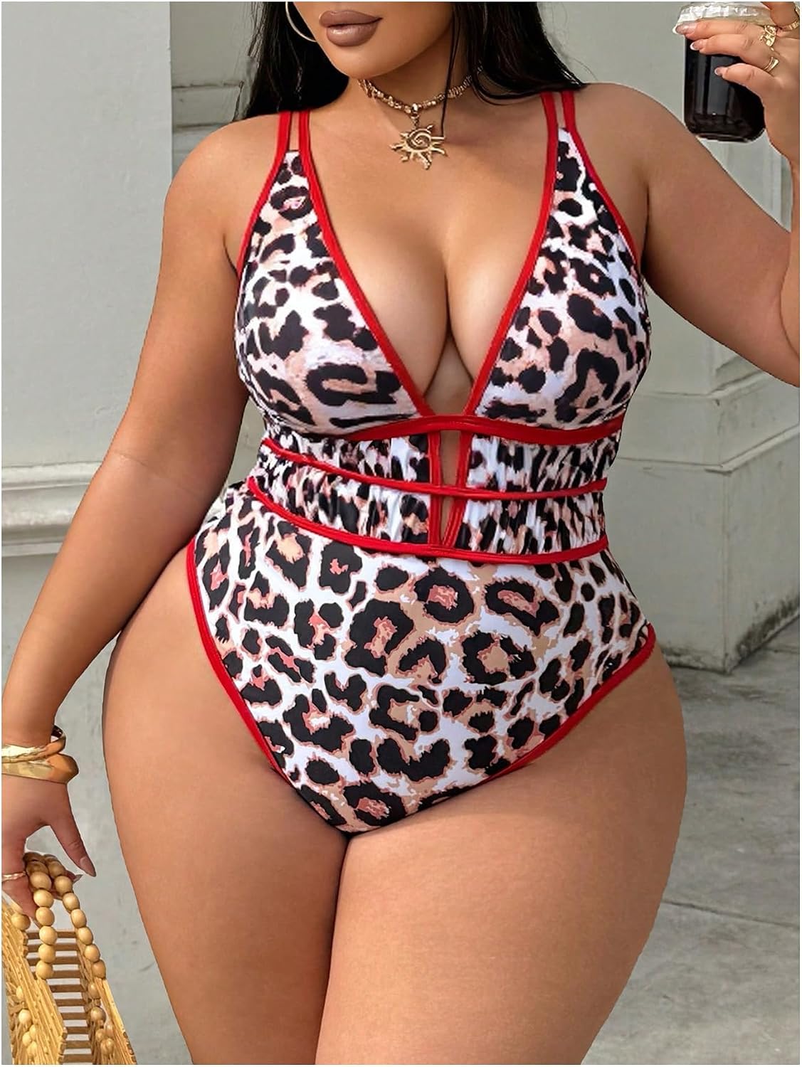 SHENHE Women's Plus Size One Piece Swimsuit Tummy Control Leopard Print Plunge Bathing Suits