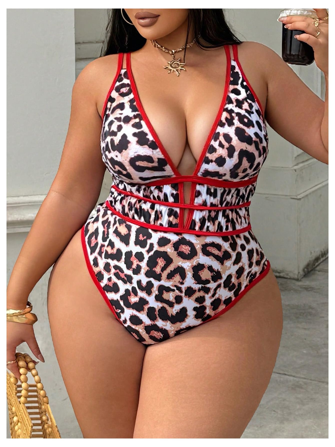 SHENHE Women's Plus Size One Piece Swimsuit Tummy Control Leopard Print Plunge Bathing Suits