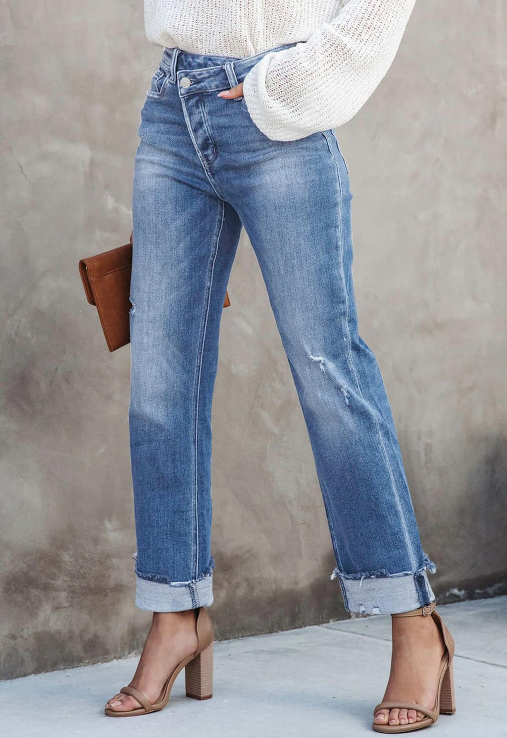 Metietila Jeans for Women Trendy High Waisted Corssover Boyfriend Jeans Distressed Stretchy Denim Pants
