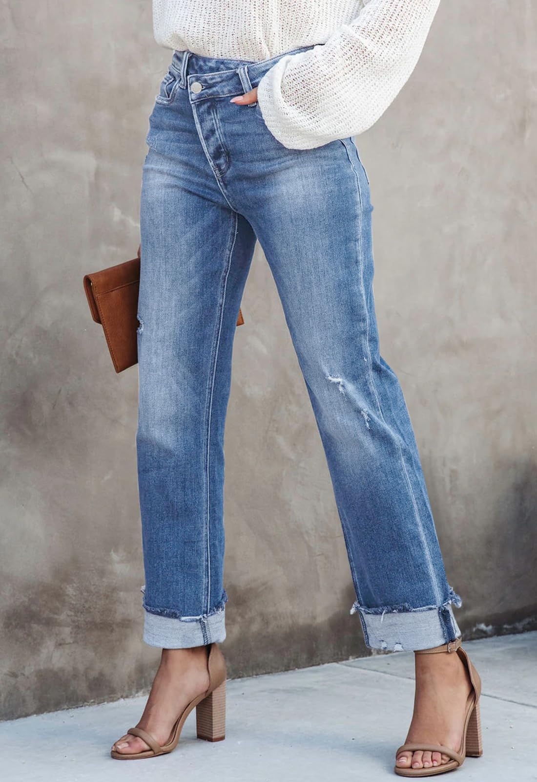 Metietila Jeans for Women Trendy High Waisted Corssover Boyfriend Jeans Distressed Stretchy Denim Pants