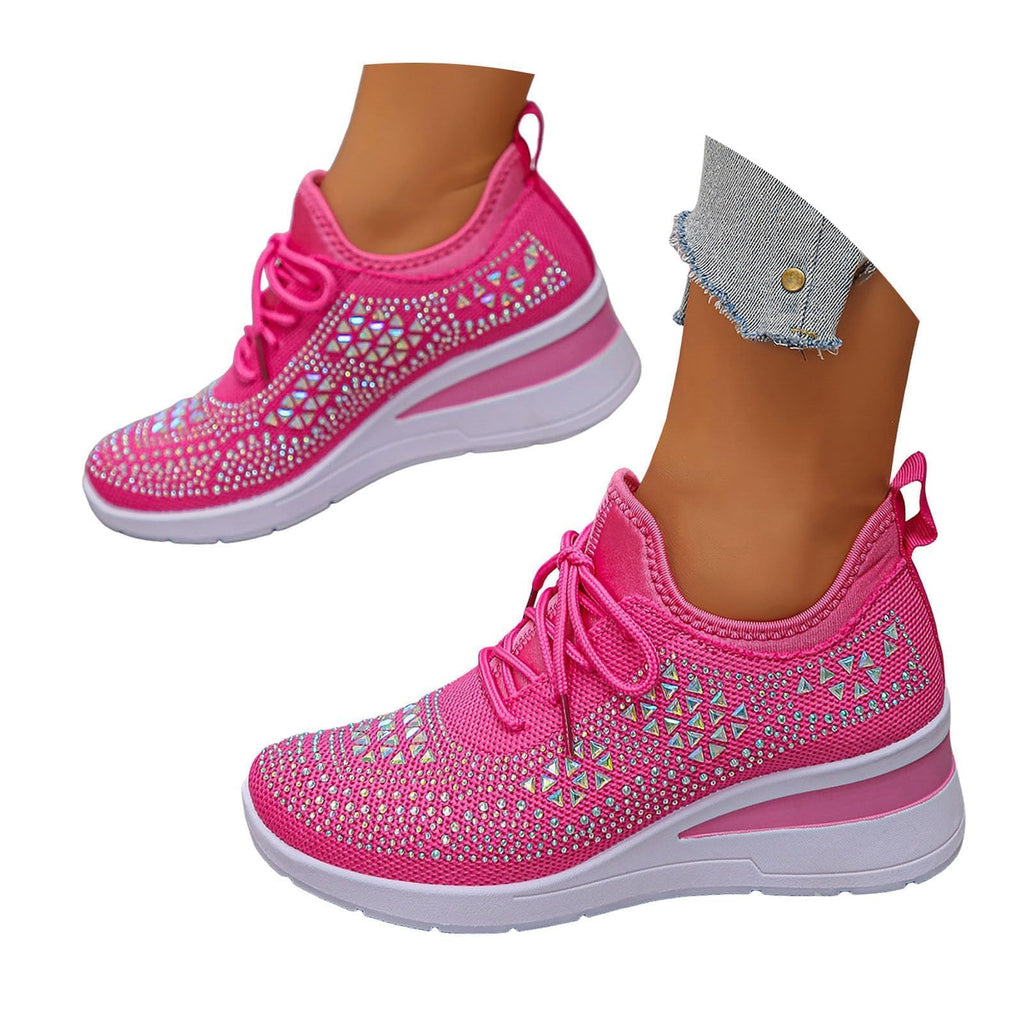 Rhinestone Wedge Sneakers for Women Dressy Fashion Breathable Spakle Glitter Wedding Sneakers for Bride Orthopedic Wedge Lightweight Shoes Sparkly Chunky Mesh Slip on Elastic Tennis Walking Shoes