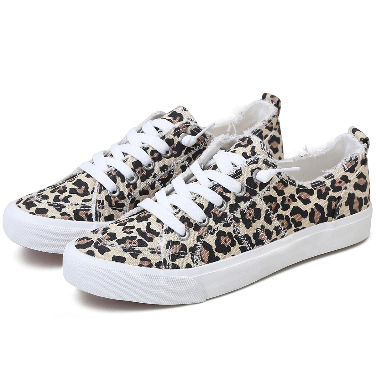 Obtaom Women's Play Fashion Sneaker White Color Washed and Leopard Canvas Slip on Shoes
