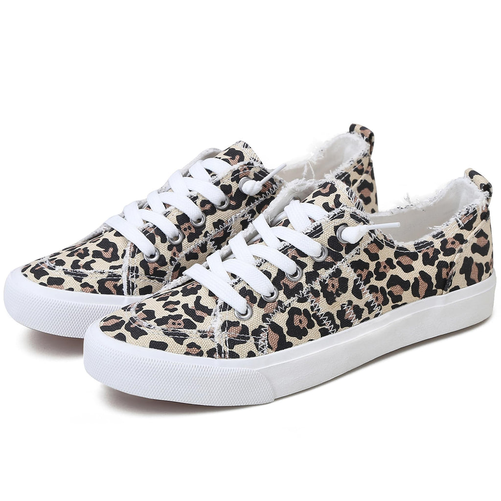 Obtaom Women's Play Fashion Sneaker White Color Washed and Leopard Canvas Slip on Shoes