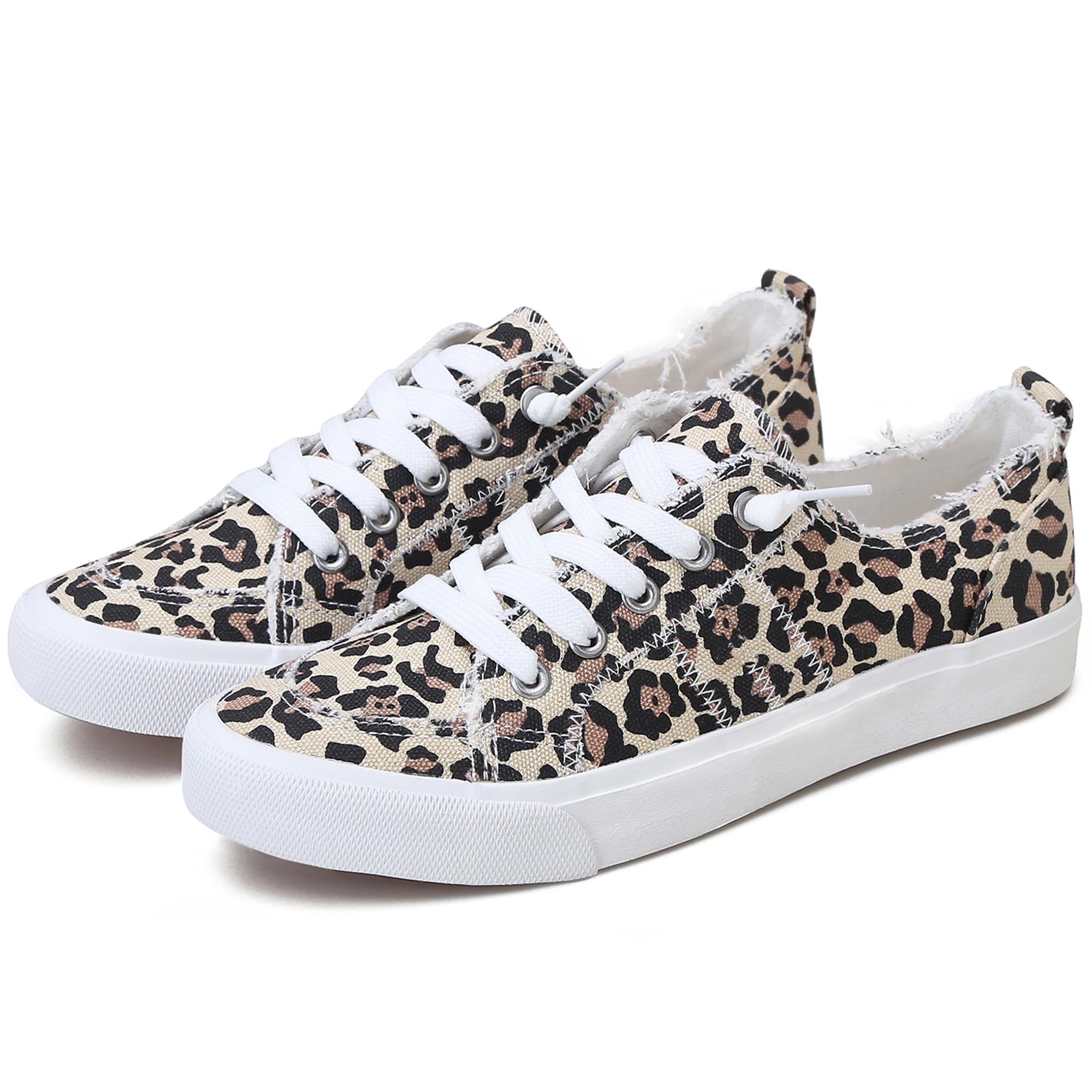Obtaom Women's Play Fashion Sneaker White Color Washed and Leopard Canvas Slip on Shoes
