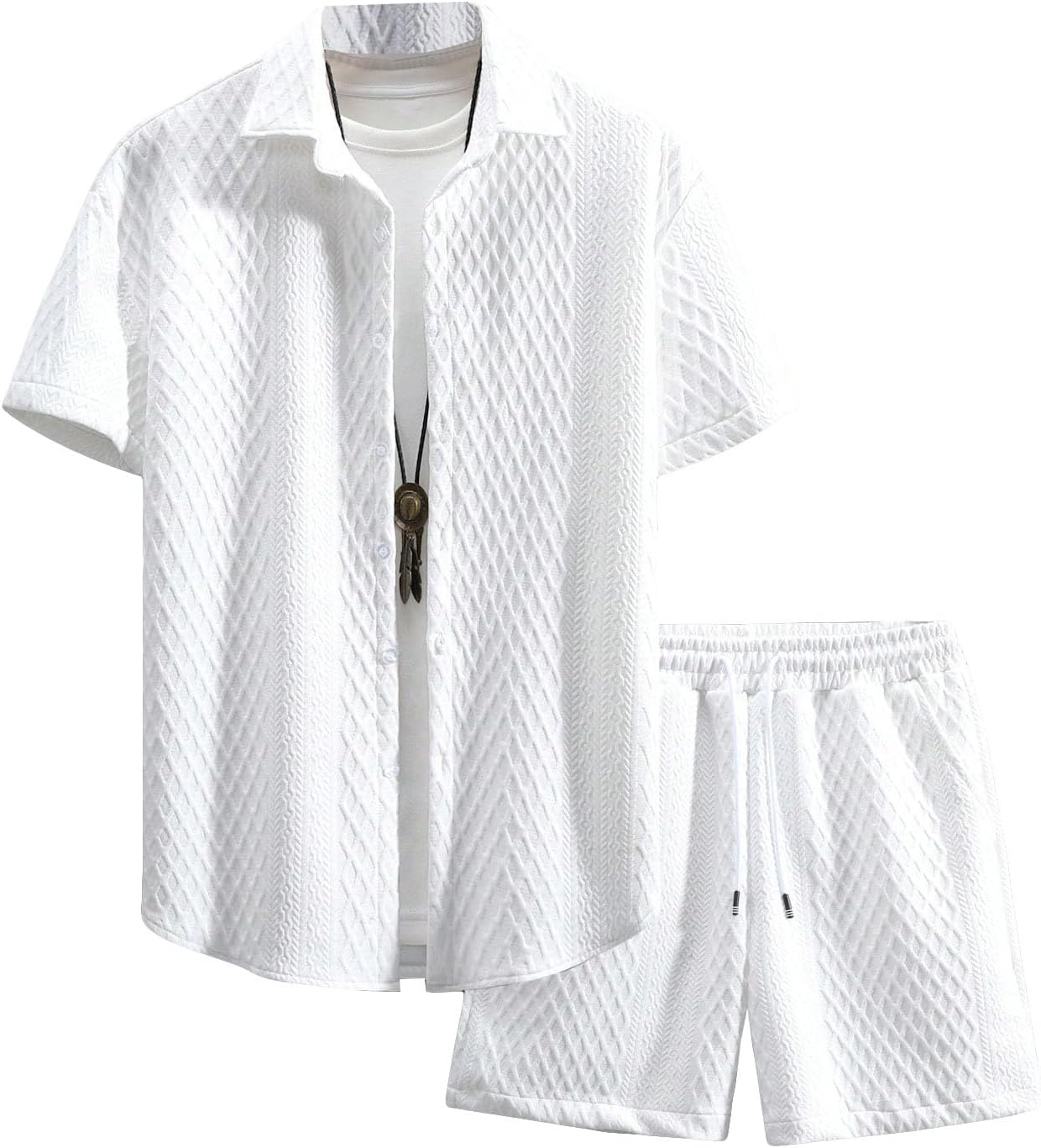 GORGLITTER Men's Vacation Summer Cruise Outfits 2 Piece Linen Shorts Sets | Beach All White Outfits, Short Sleeve Button Up Shirt, Matching Sets Clothing, Old Money Clothes