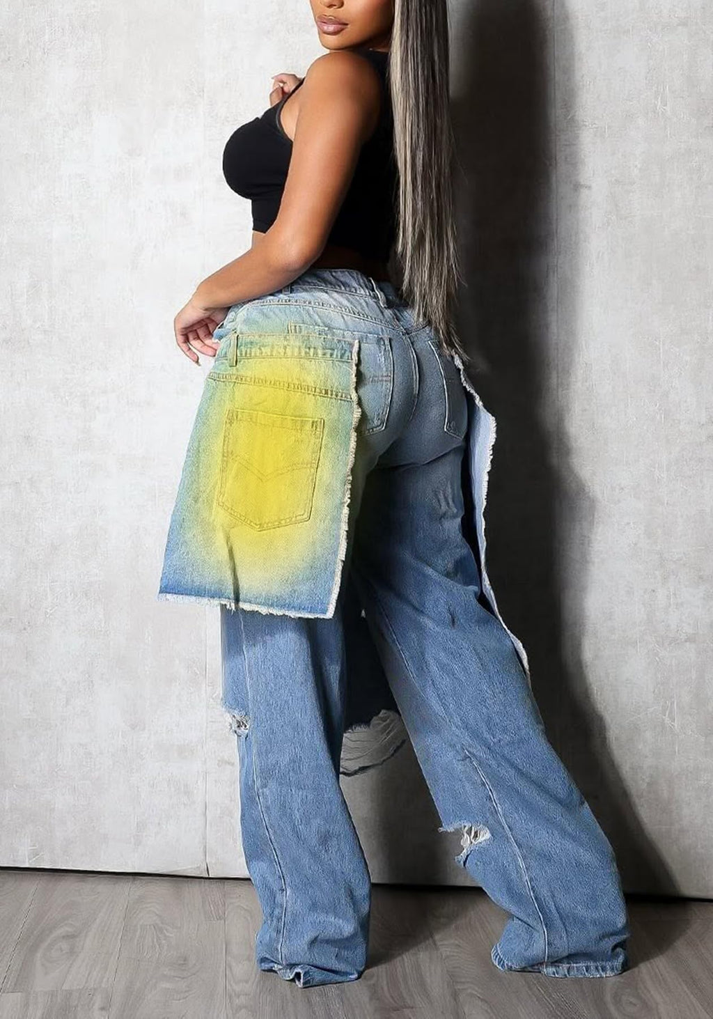 LKOUS Women's Ripped Baggy Jeans High Waist Wide Leg Patchwork Streetwear | Distressed, cutout, Y2K, hip hop, stretchy, soft, pocket, casual, concert, vintage. Machine wash