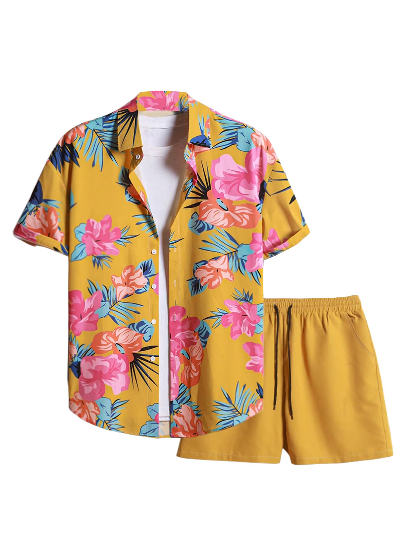 GORGLITTER Men's Beach Cruise Vacation Outfits Floral Shirt and Shorts Sets | Short Sleeve Button Up, Matching Hawaiian Outfits for Couples, Resort Wear