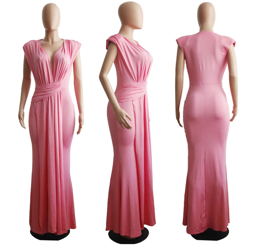 Yuopeid Women's Sexy Sleeveless Deep V Neck Fashion Ruched Bodycon Floor Length Formal Evening Party Maxi Long Dress