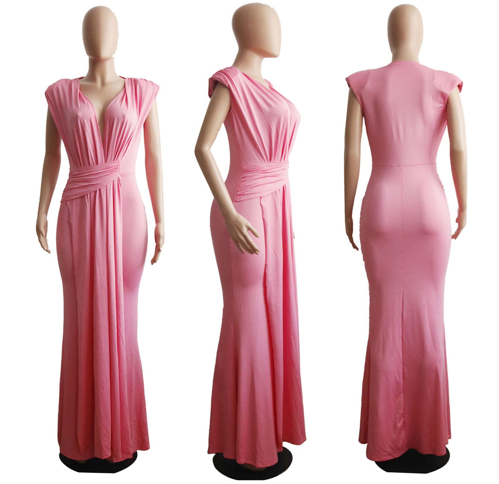 Yuopeid Women's Sexy Sleeveless Deep V Neck Fashion Ruched Bodycon Floor Length Formal Evening Party Maxi Long Dress