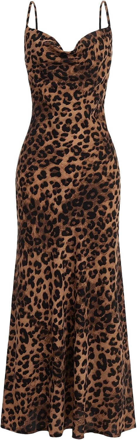 Floerns Women's Leopard Print Draped Collar Spaghetti Strap Cami Long Dress | Cheetah, Animal Print, Cowl Neck, Draped, Western, Concert, Going Out, Corset Maxi Dresses