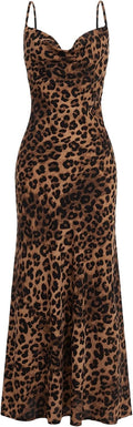 Floerns Women's Leopard Print Draped Collar Spaghetti Strap Cami Long Dress | Cheetah, Animal Print, Cowl Neck, Draped, Western, Concert, Going Out, Corset Maxi Dresses