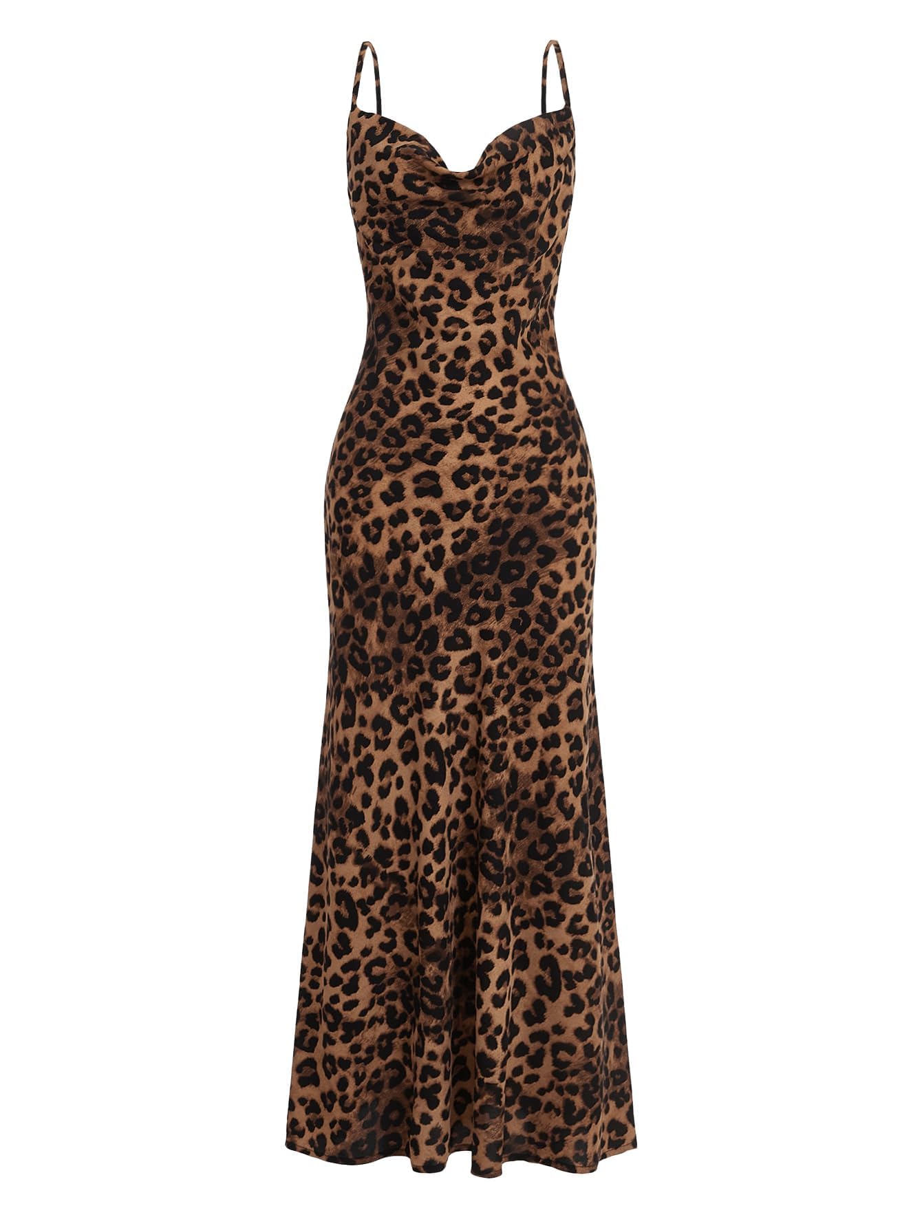 Floerns Women's Leopard Print Draped Collar Spaghetti Strap Cami Long Dress | Cheetah, Animal Print, Cowl Neck, Draped, Western, Concert, Going Out, Corset Maxi Dresses