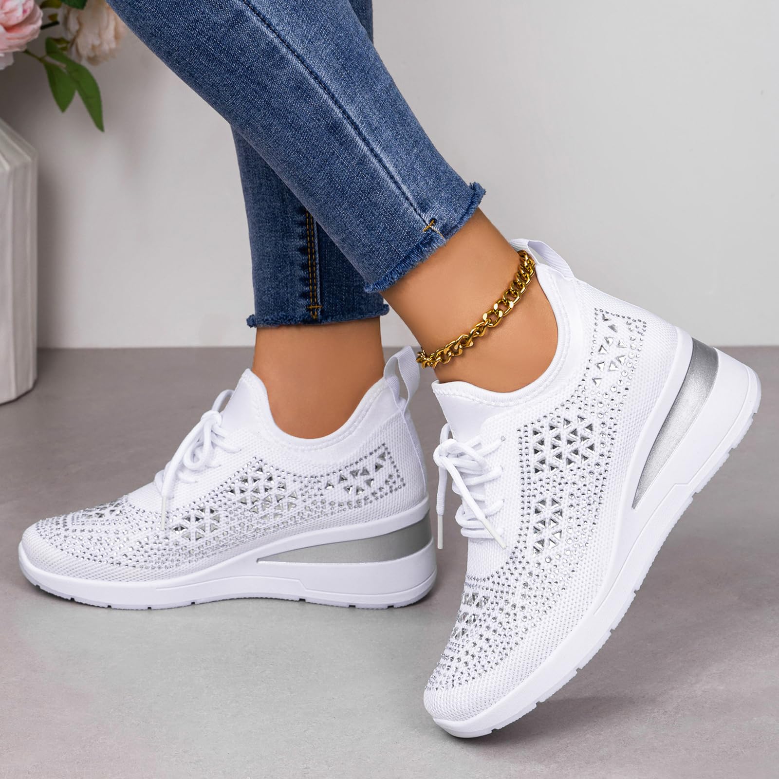 Glitter Rhinestone Wedge Sneakers with Lace-Up for Women Fashion Shiny Sequin Comfort Orthopedic Breathable Mesh Round Toe Soft Sole Tennis Walking Shoes