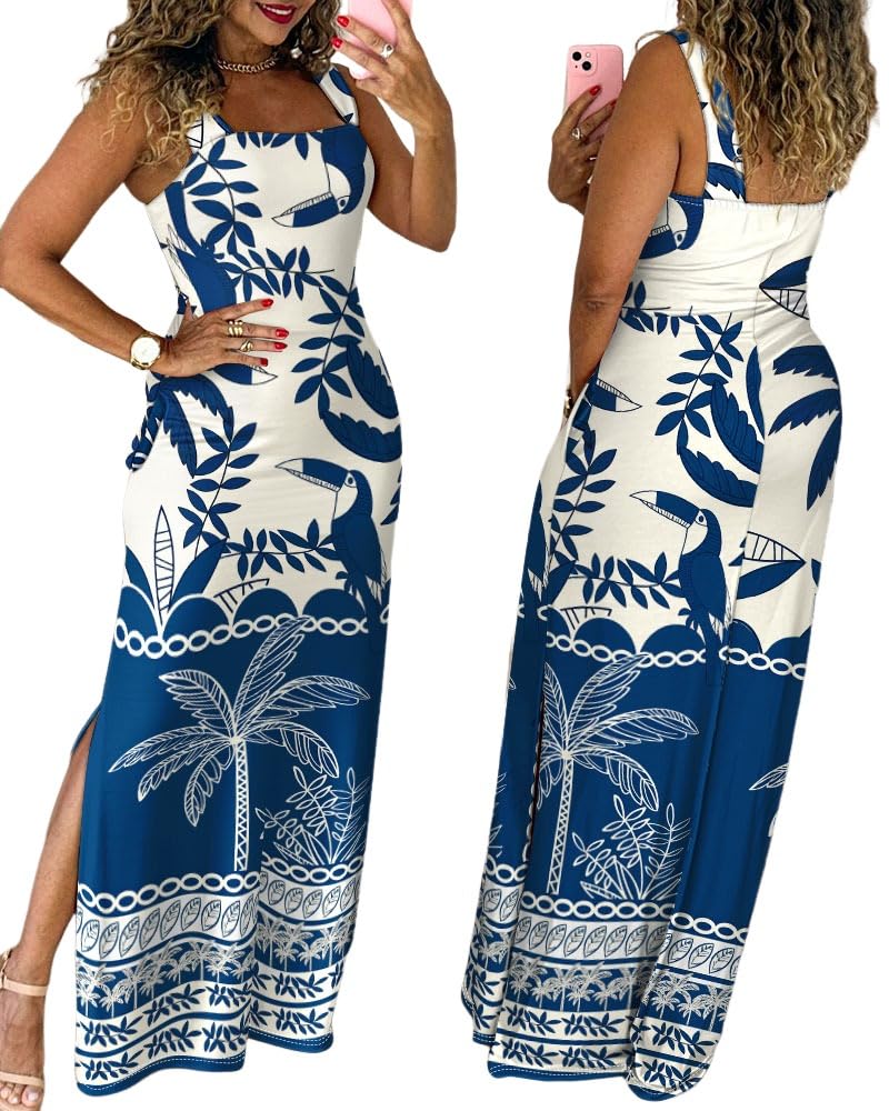 CHICME Maxi Dresses for Women Strap Square Boho Dress | Thick Strap Sundresses for Women, Split Summer Dress with Pockets, Travel, Vacation, Beach Dress Cruise 2026