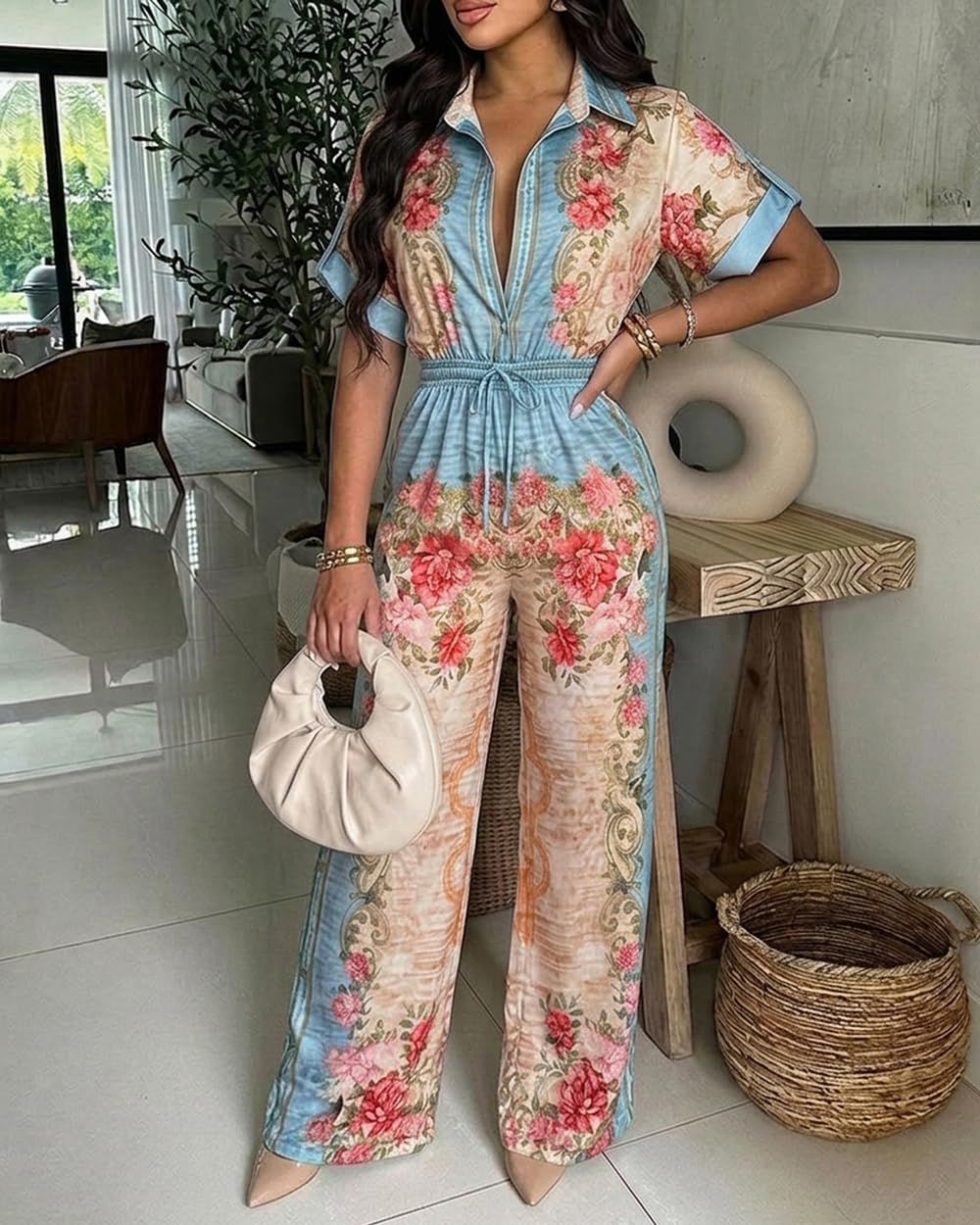 CHICME Womens Jumpsuit Boho Floral Wide Leg Vacation Outfit | Long Pant Rompers with Pockets,Roll Up Short Sleeve,Button Front,Drawstring High Waist,One Piece,Casual,Summer Beach