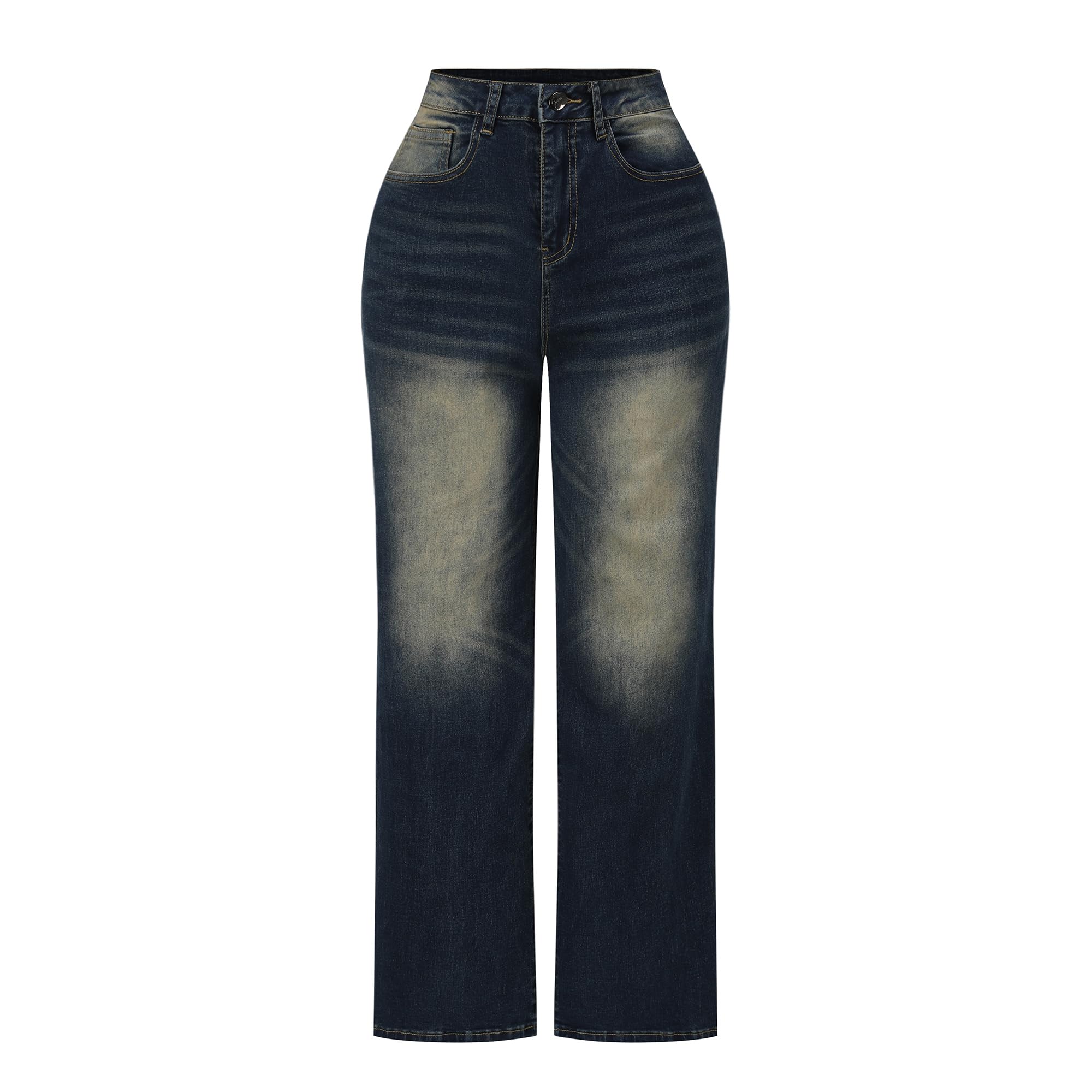 THUNDER STAR Womens High Waisted Wide Leg Jeans Stretchy Distressed Denim Pants