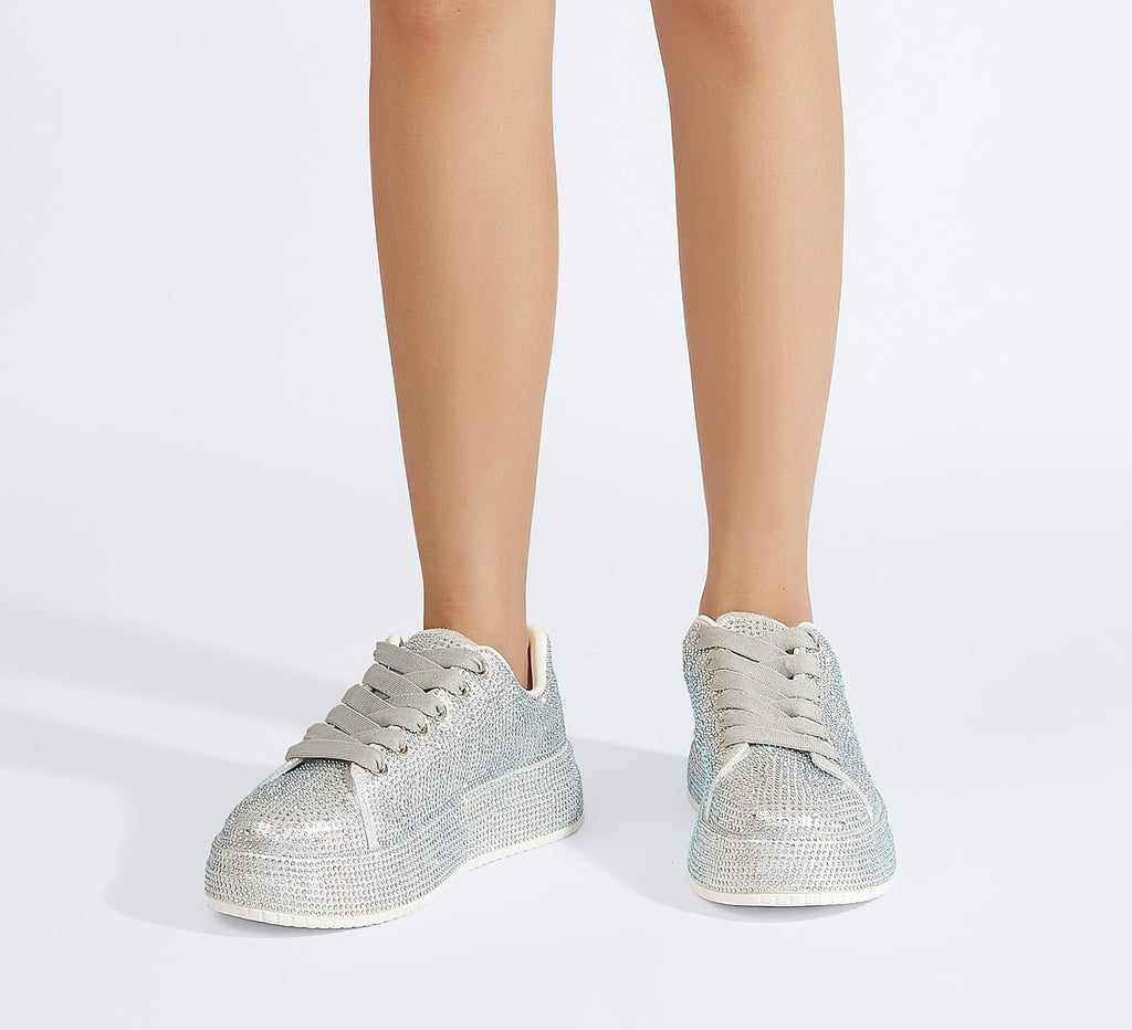 LUCKY STEP Rhinestone Platform Sneakers for Women | Sparkly Glitter Bling Tennis Shoes Fashion Wedding Party Walking Sneakers