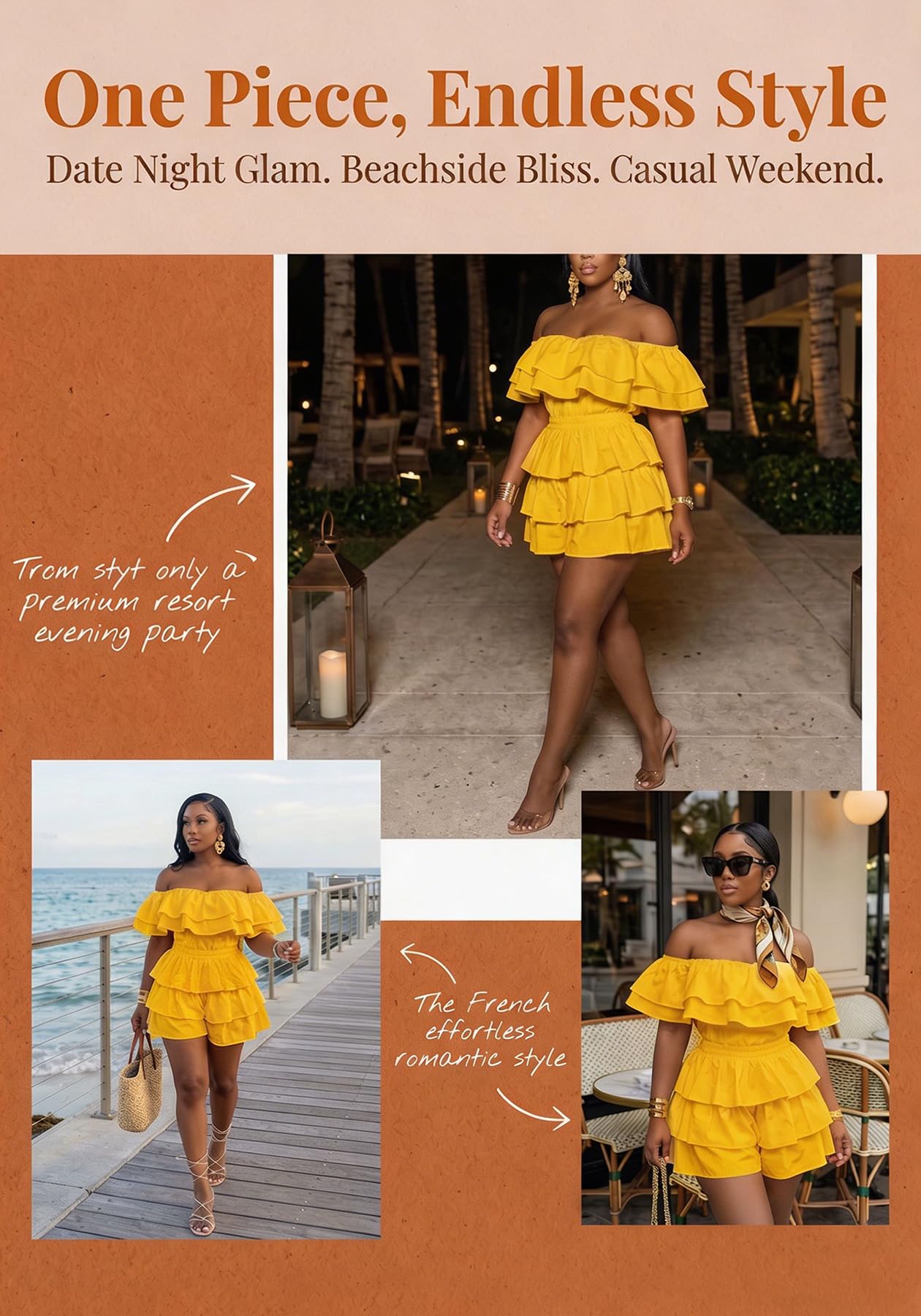 LAJIOJIO Rompers for Women Sexy Off the Shoulder Ruffle Hem Short Jumpsuits | Pleated,Dressy Jumpsuits,Party Outfits,Tiered