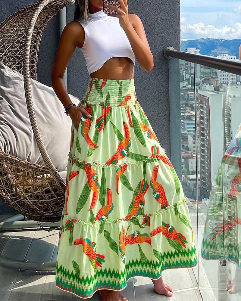 CHICME Women's Boho Floral Summer Maxi Skirt with Pockets Vacation Outfit | Shirred High Waist, Ruffle Hem, Lightweight Comfortable Fabric, A-Line Long Flowy Skirt for Beach, Travel & Daily Wear