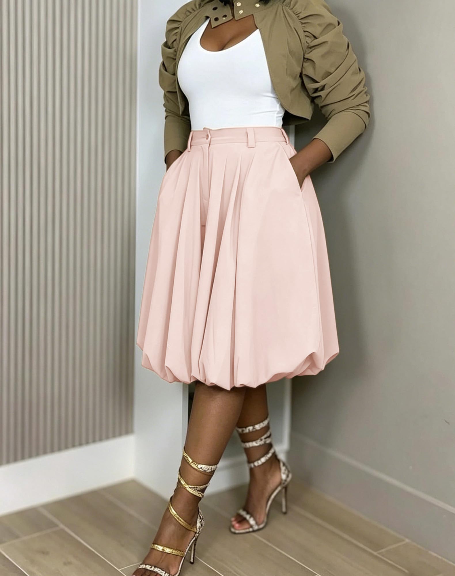 Women's Wide Leg Capri Pants Baggy Pleated Cropped Bubble Pants | High Waisted,with Pockets,Casual,Soft and Lightweight,Skirt Pants,Lantern Balloon Pants
