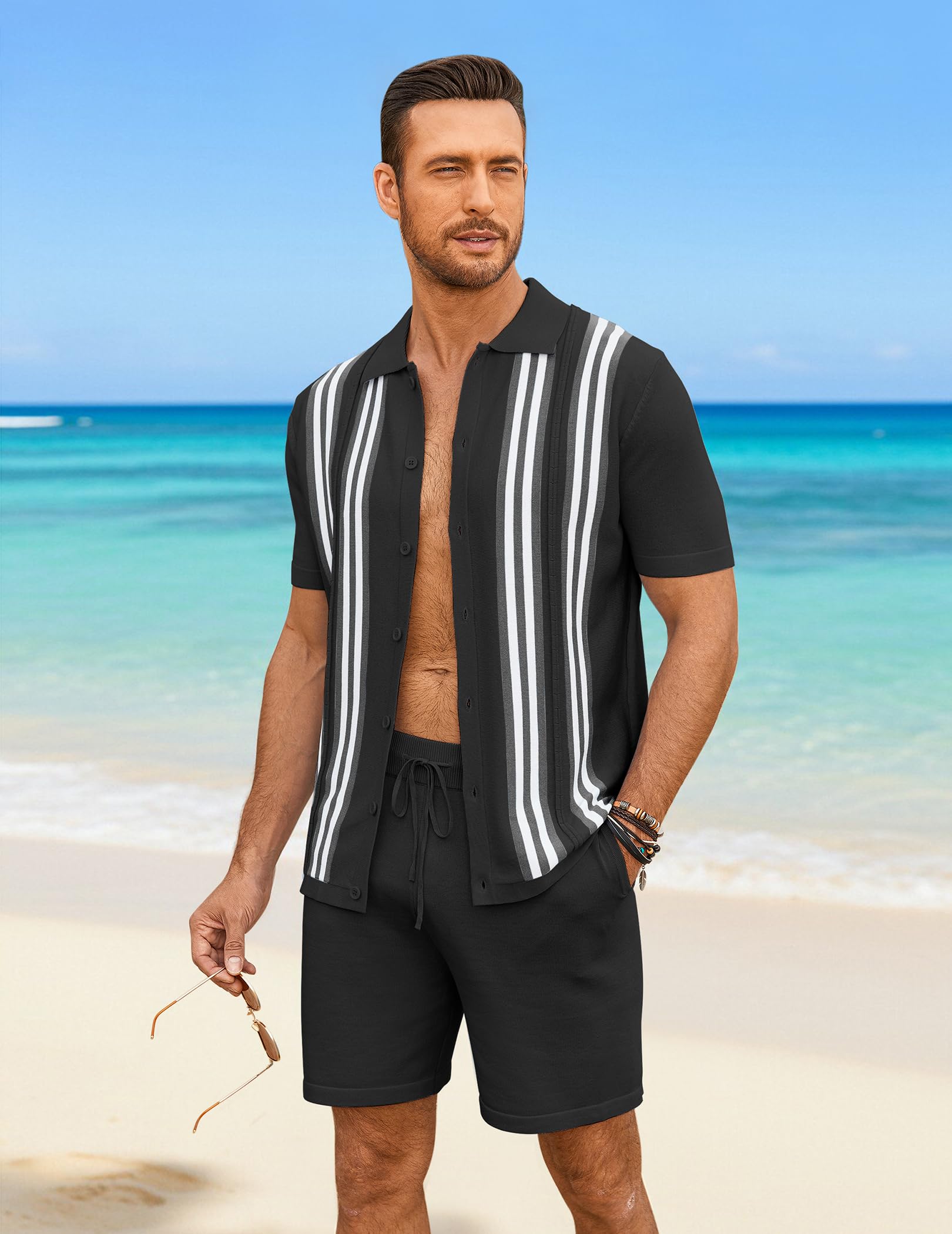 COOFANDY Men's 2 Piece Outfits Summer Short Sets Vintage Knit Button Down Shirt Short Sleeve Polo Casual Beach Suits