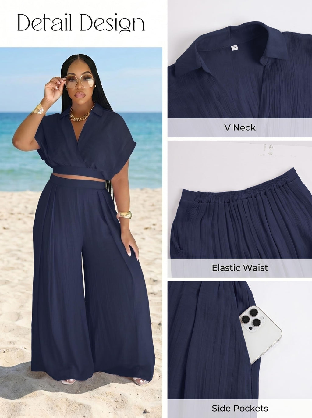 Ekaliy Women Two Piece Crop Top Flowy Wide Leg Pants Set Summer Outfits | Lightweight breathable fabric,batwing V-neck crop top,elastic waist wide leg lined pants with pockets for casual wear.