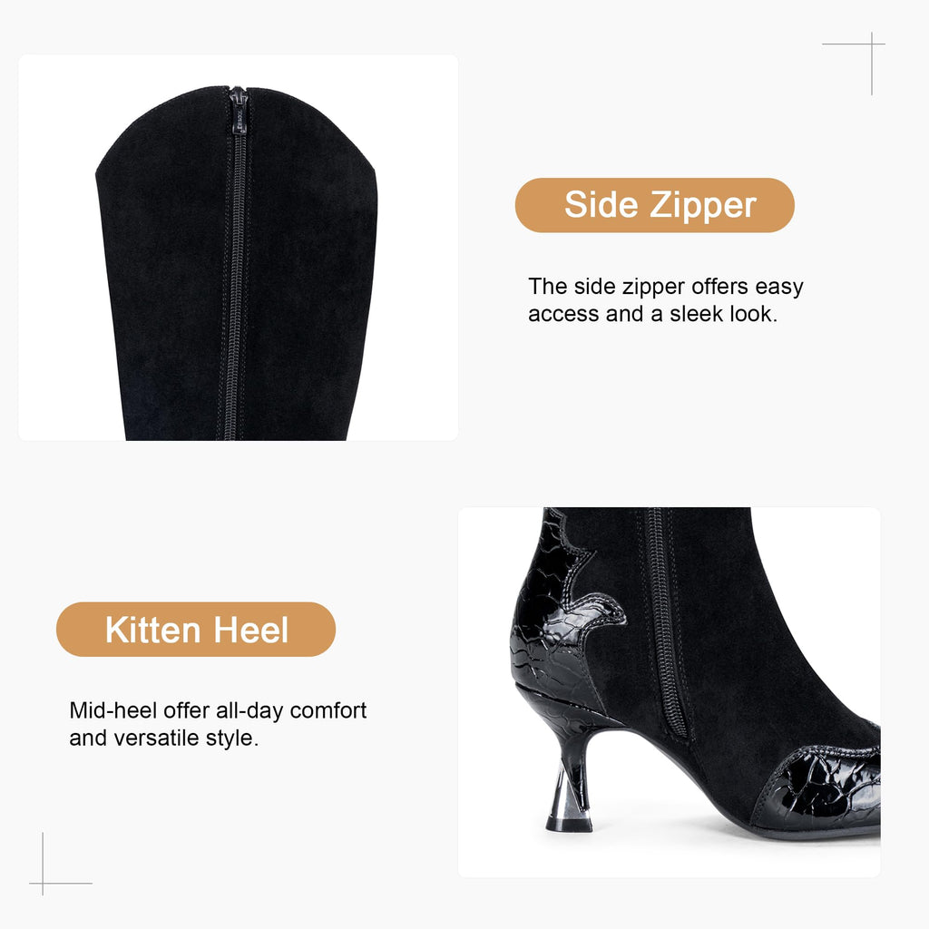 Vepose Women's Knee High Boots, Pointed Toe Kitten Heel Dress Boots | Riding tall boot style, low heel, side zipper, fashion silhouette, patchwork design, suit for jeans, skirts, nights out