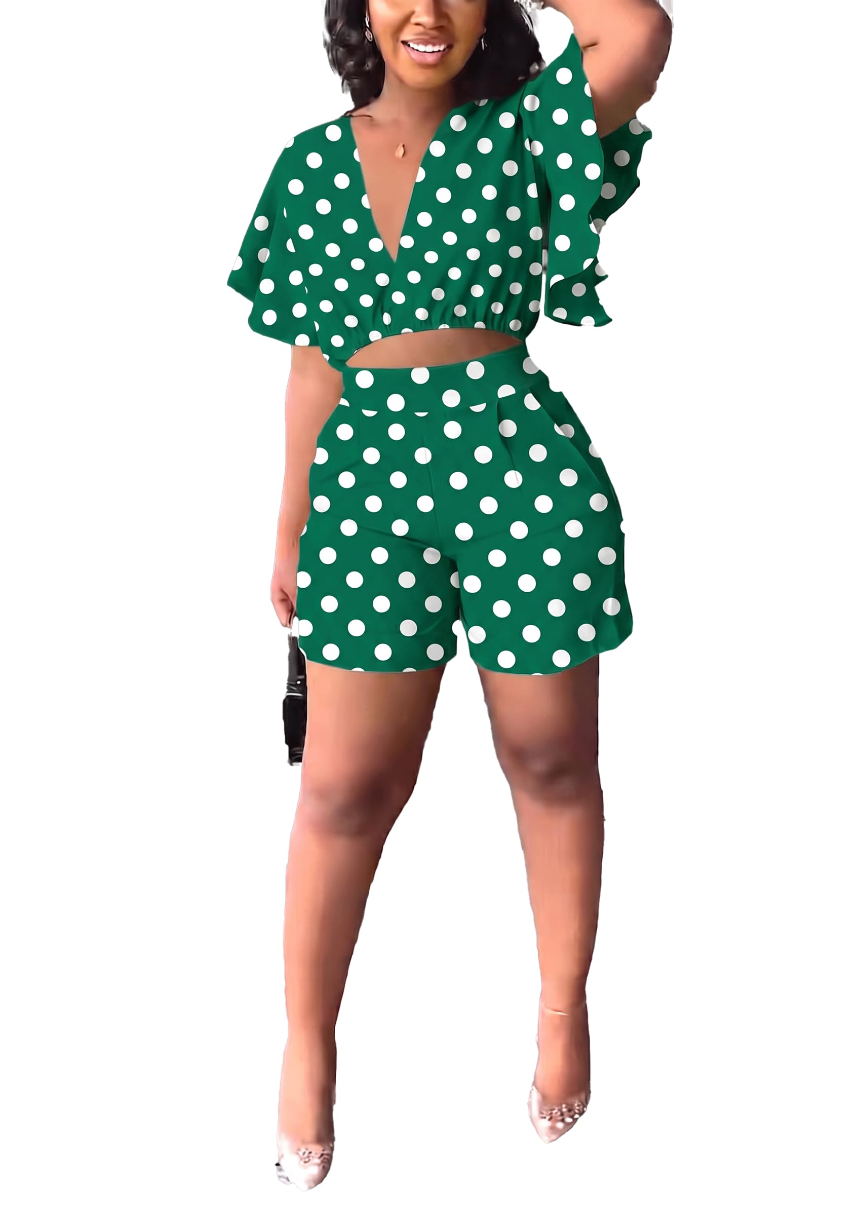 Womens Summer Two Piece Shorts Outfit Sexy Crop Top Butterfly Sleeve 2 pc Short Set Vacation Brunch Matching Set