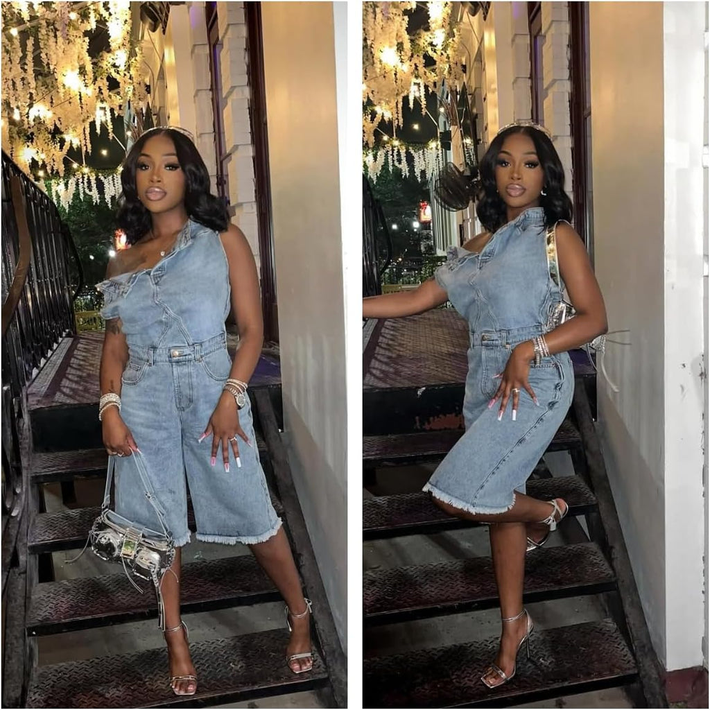Molilove Women’s Denim Romper Sexy Off Shoulder Shorts Jean Jumpsuit Stretchy Y2K Bodycon Denim One Piece Outfits with Pocket