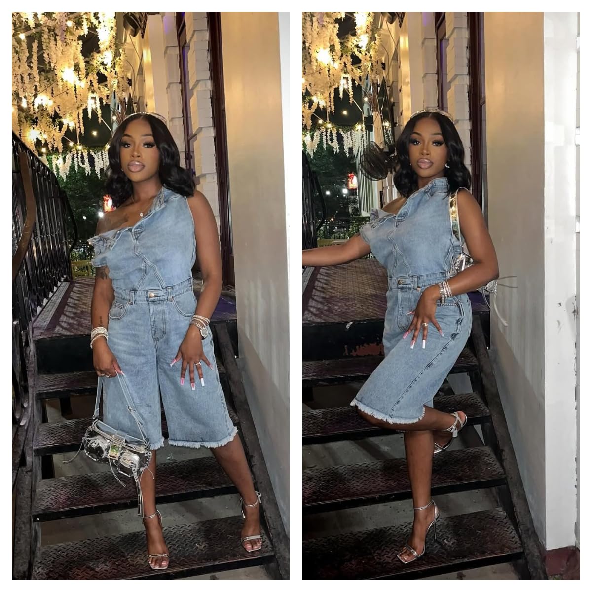 Molilove Women’s Denim Romper Sexy Off Shoulder Shorts Jean Jumpsuit Stretchy Y2K Bodycon Denim One Piece Outfits with Pocket