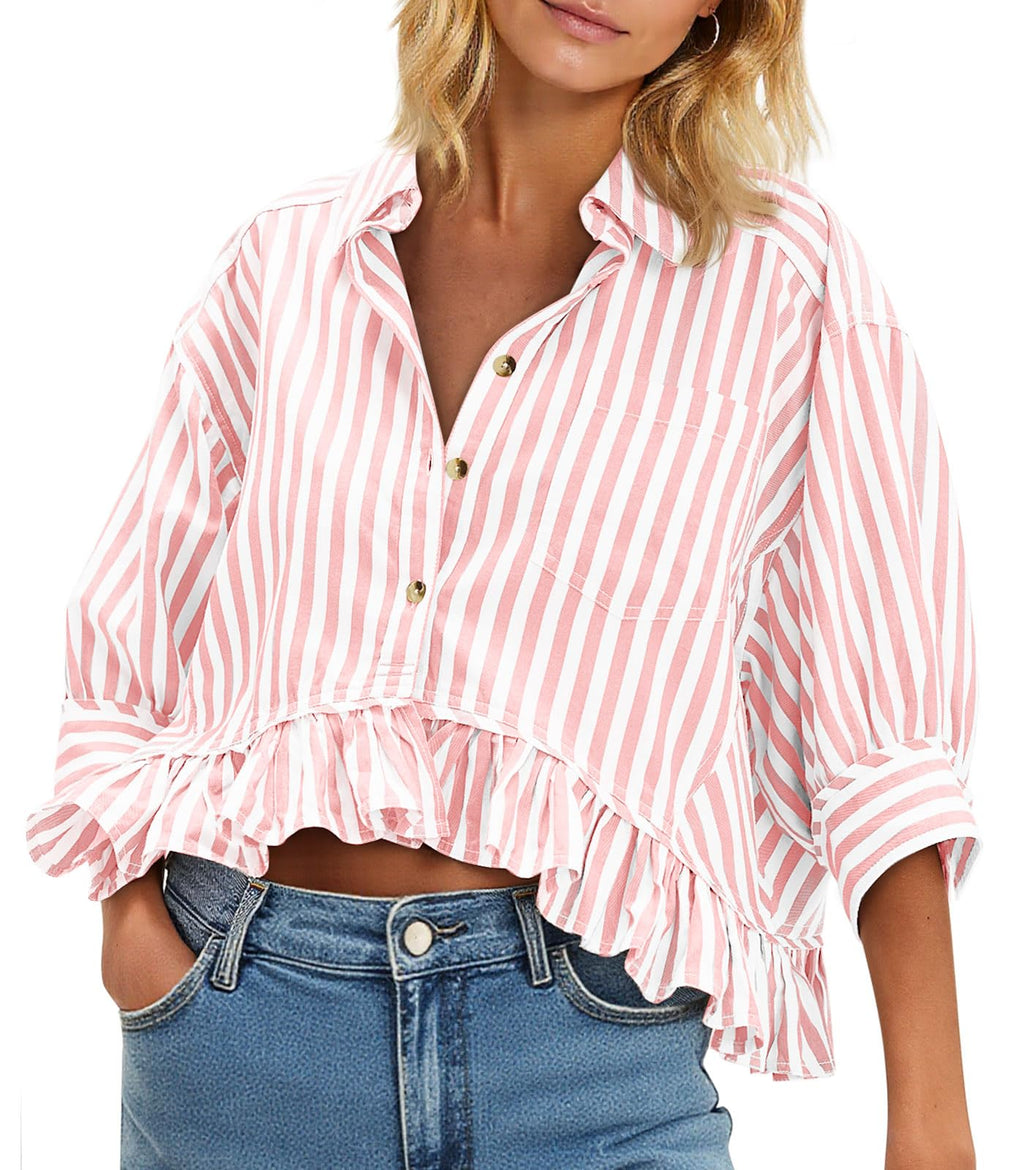 Cicy Bell Womens Cropped Striped Button Down Shirts Ruffle 3/4 Length Tops | Dressy Casual Blouses,Summer V Neck Tops,Vacation Outfits