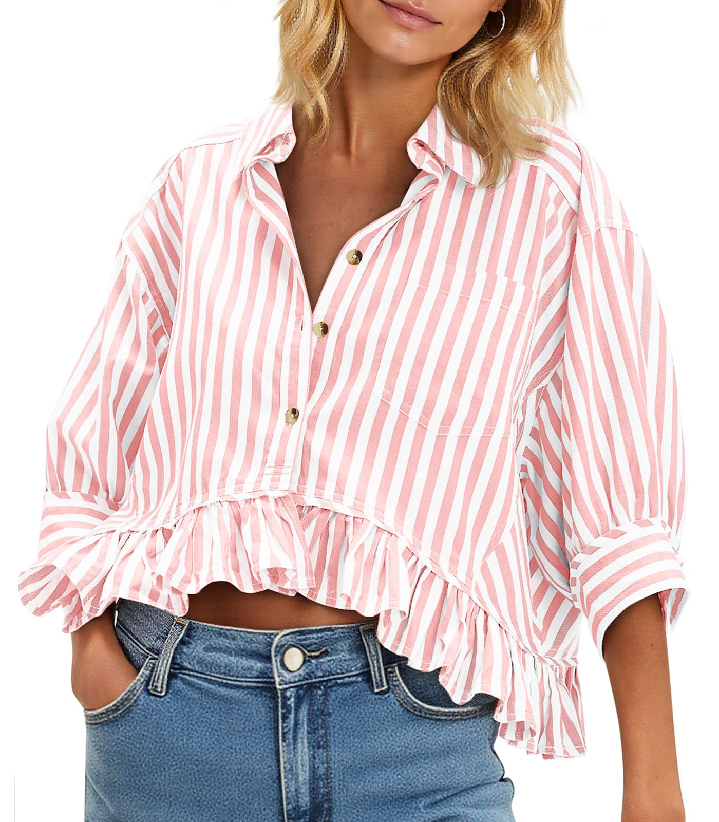 Cicy Bell Womens Cropped Striped Button Down Shirts Ruffle 3/4 Length Tops | Dressy Casual Blouses,Summer V Neck Tops,Vacation Outfits