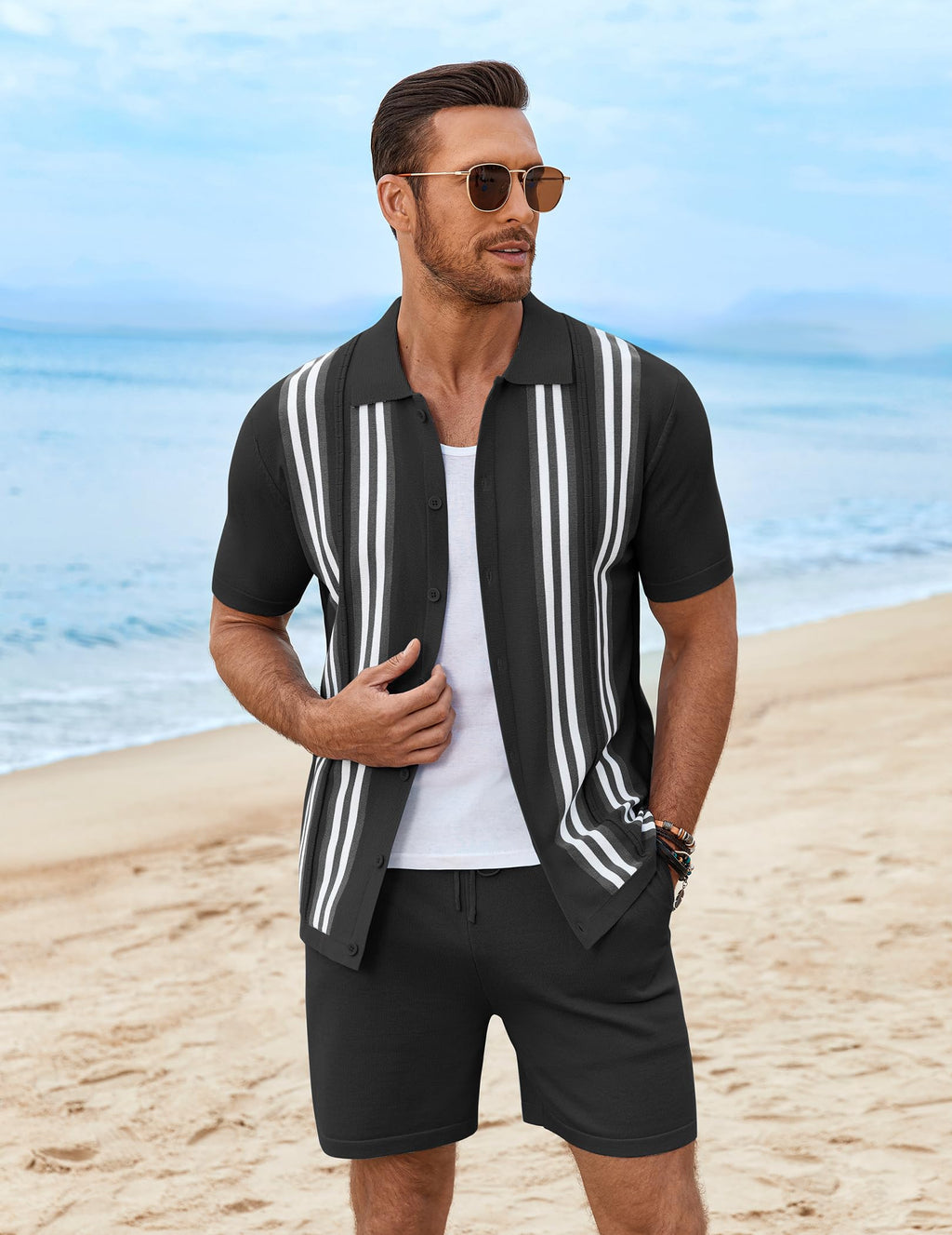 COOFANDY Men's 2 Piece Outfits Summer Short Sets Vintage Knit Button Down Shirt Short Sleeve Polo Casual Beach Suits