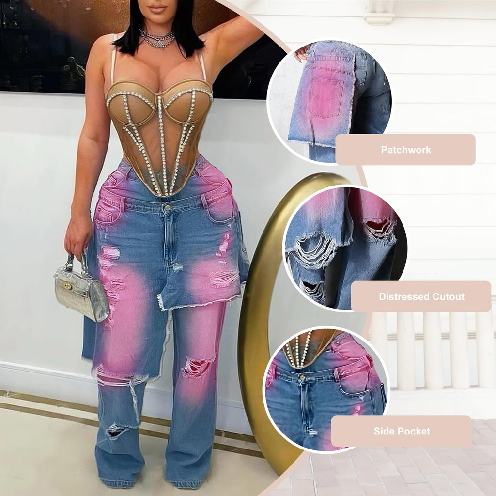 LKOUS Women's Ripped Baggy Jeans High Waist Wide Leg Patchwork Streetwear | Distressed, cutout, Y2K, hip hop, stretchy, soft, pocket, casual, concert, vintage. Machine wash