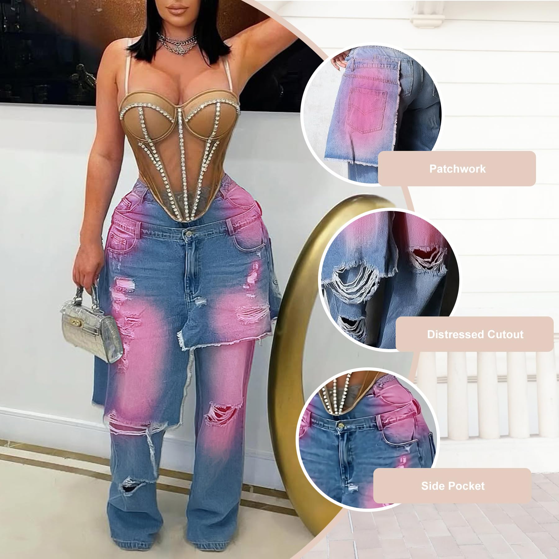 LKOUS Women's Ripped Baggy Jeans High Waist Wide Leg Patchwork Streetwear | Distressed, cutout, Y2K, hip hop, stretchy, soft, pocket, casual, concert, vintage. Machine wash