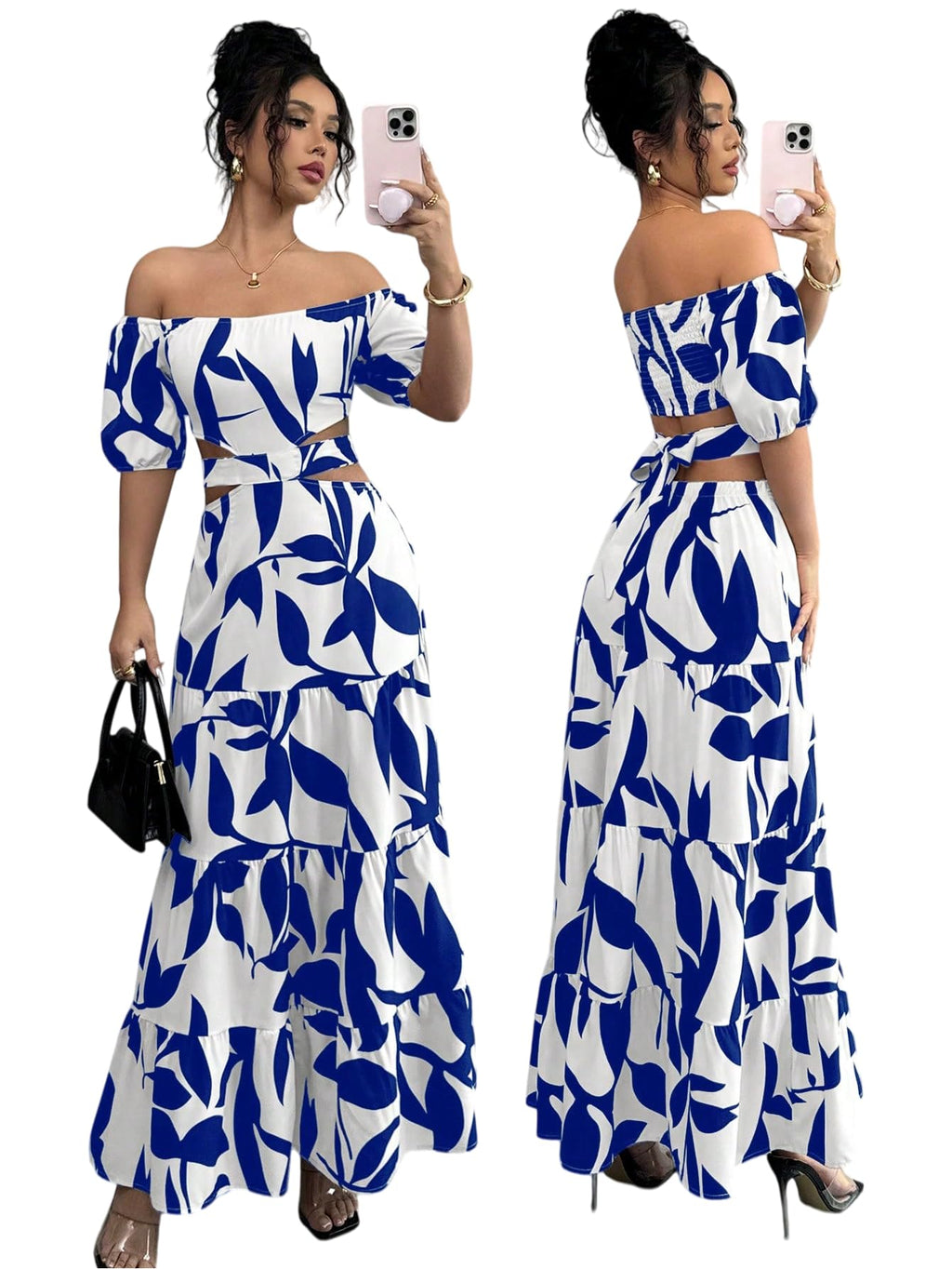 Women's Boho Off The Shoulder Short Sleeve Maxi Dresses Casual Summer Tiered Ruffle Swing Cut Out Flowy Dress