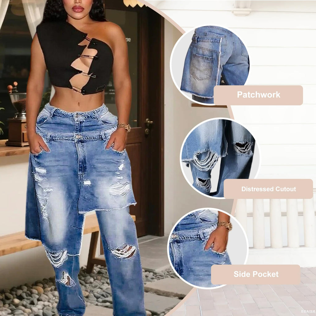 LKOUS Women's Ripped Baggy Jeans High Waist Wide Leg Patchwork Streetwear | Distressed, cutout, Y2K, hip hop, stretchy, soft, pocket, casual, concert, vintage. Machine wash