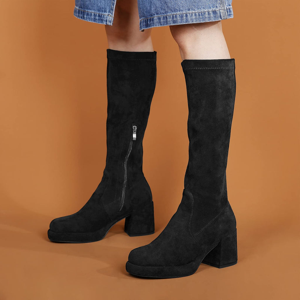 LanreyTaley Elastic Women Knee High Boots Platform Chunky Heel Tall Boots Suede Dress Boots Side Zipper Stretch Boots Fall
