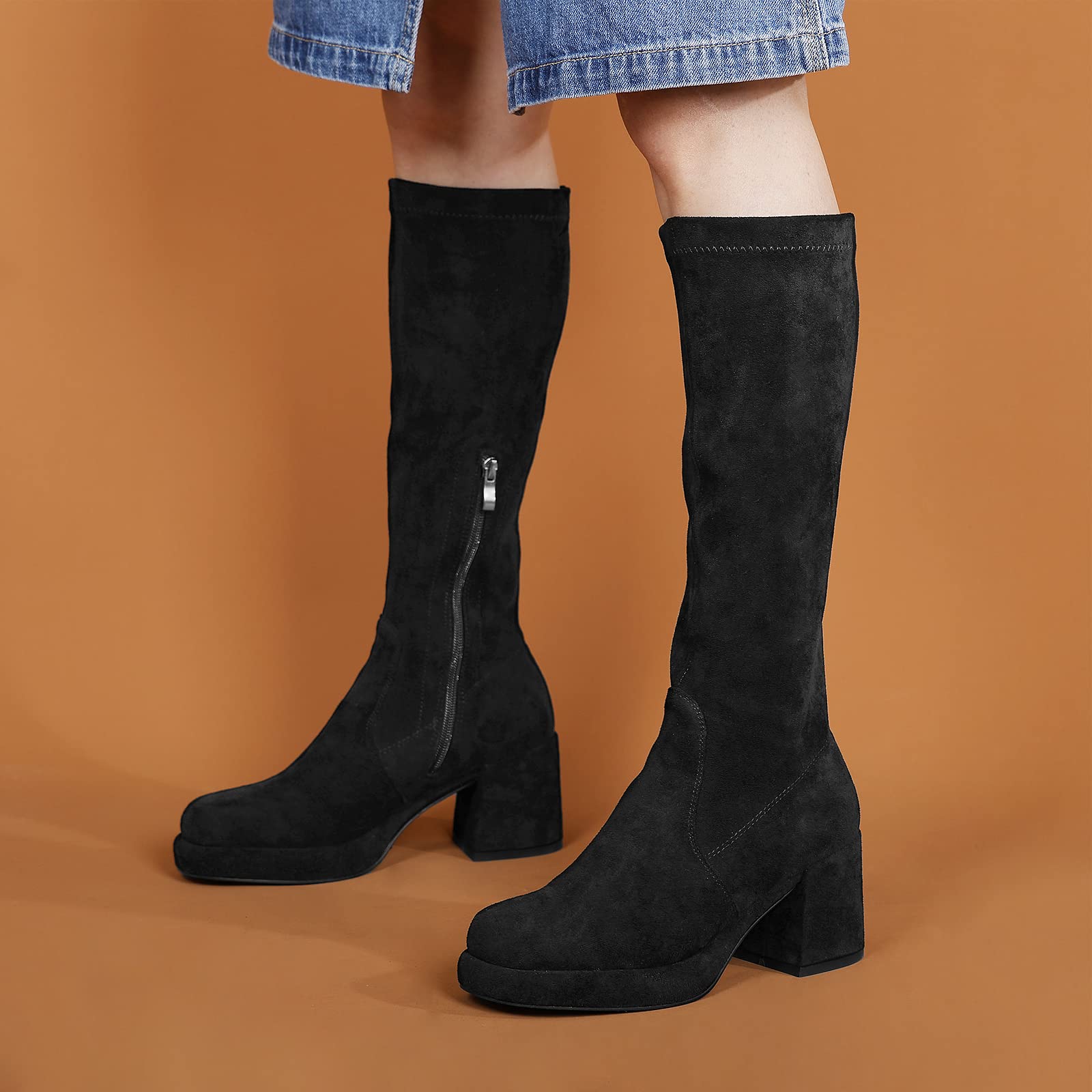 LanreyTaley Elastic Women Knee High Boots Platform Chunky Heel Tall Boots Suede Dress Boots Side Zipper Stretch Boots Fall