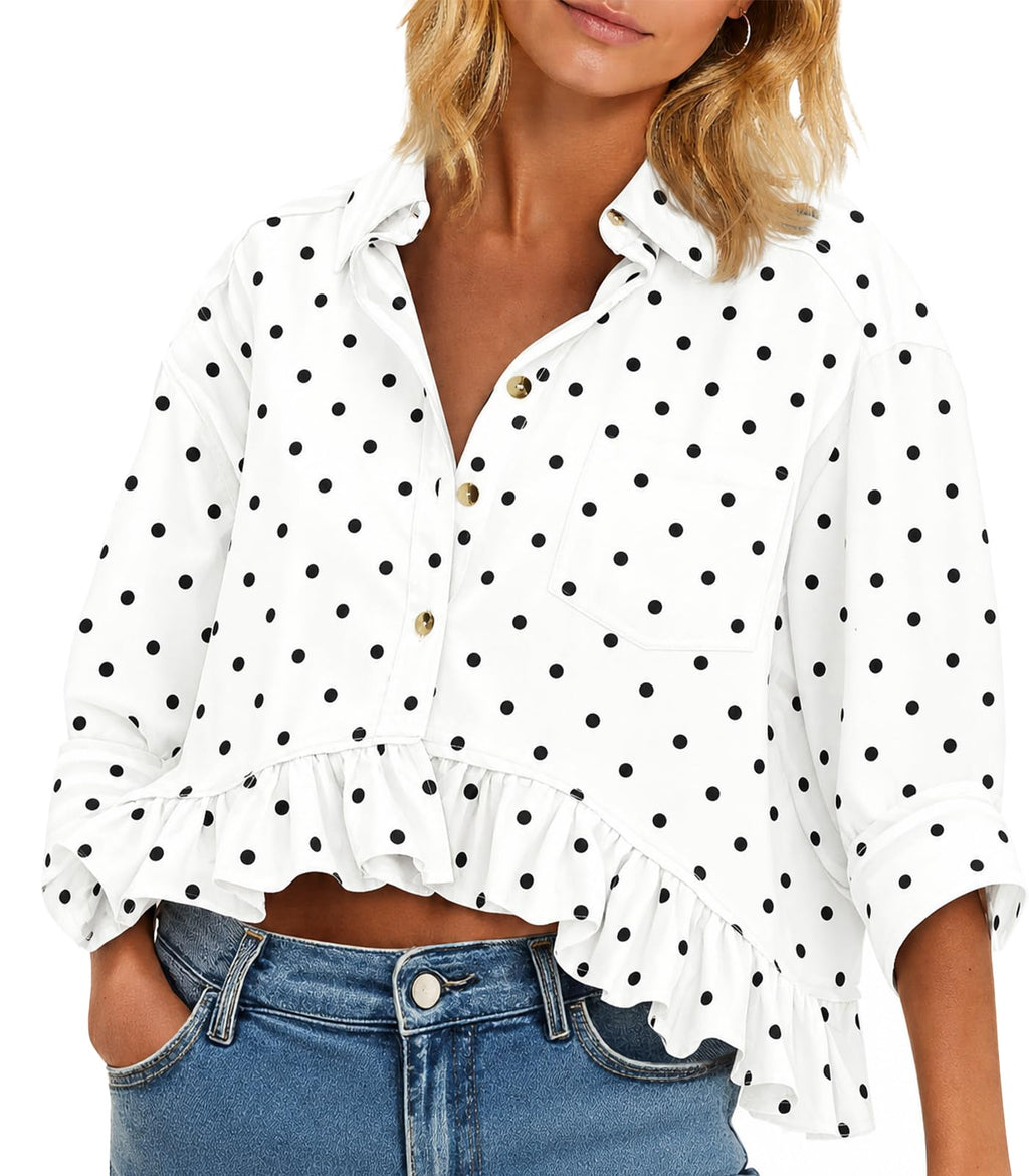 Cicy Bell Womens Cropped Striped Button Down Shirts Ruffle 3/4 Length Tops | Dressy Casual Blouses,Summer V Neck Tops,Vacation Outfits