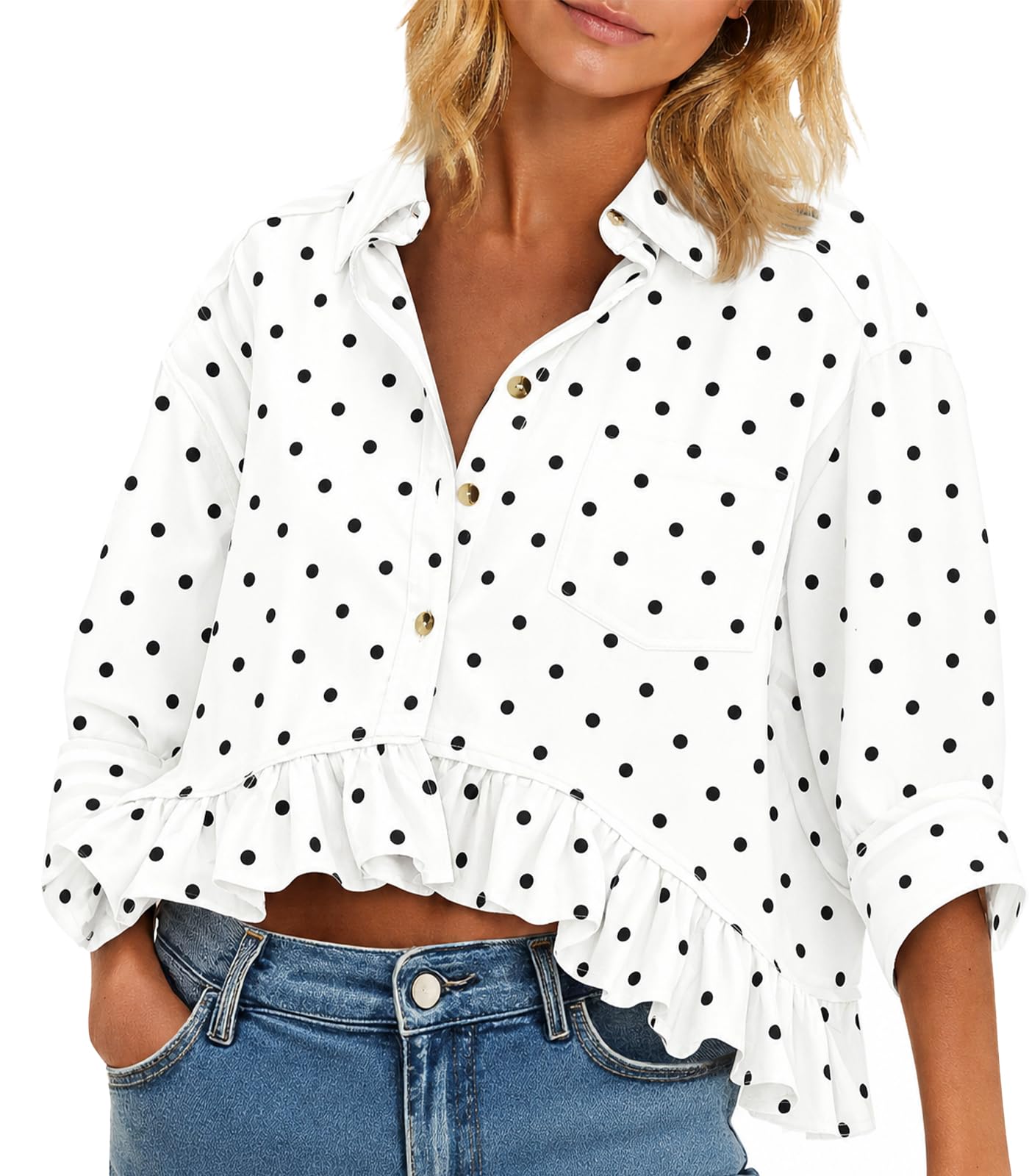 Cicy Bell Womens Cropped Striped Button Down Shirts Ruffle 3/4 Length Tops | Dressy Casual Blouses,Summer V Neck Tops,Vacation Outfits
