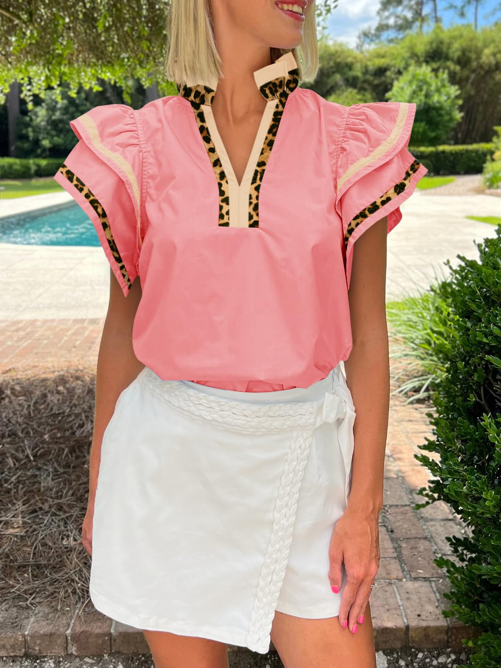 Cicy Bell Womens Ruffle Cap Sleeve Tops Summer V Neck Dressy Casual Blouses | Color Block, Boutique Tops, Pleated Shirt, Loose Fit, Wear to Work, 2026 Fall Outfits