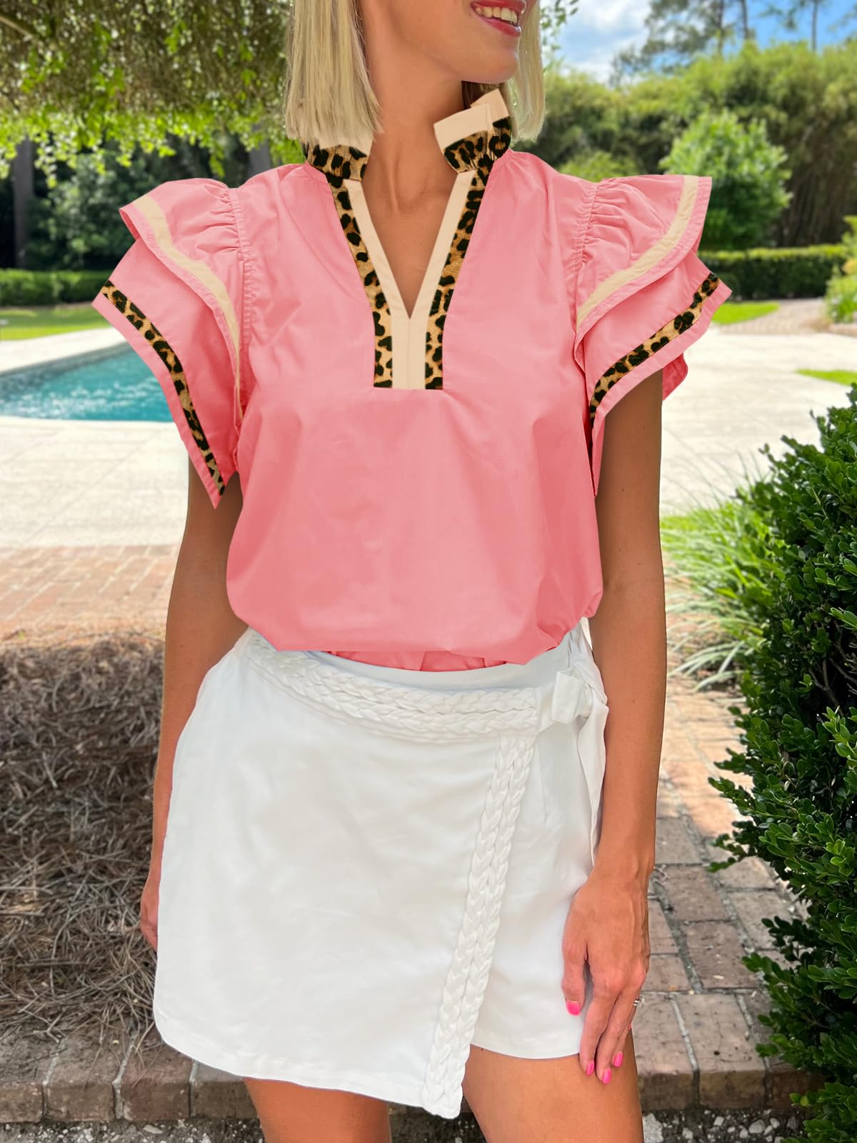 Cicy Bell Womens Ruffle Cap Sleeve Tops Summer V Neck Dressy Casual Blouses | Color Block, Boutique Tops, Pleated Shirt, Loose Fit, Wear to Work, 2026 Fall Outfits
