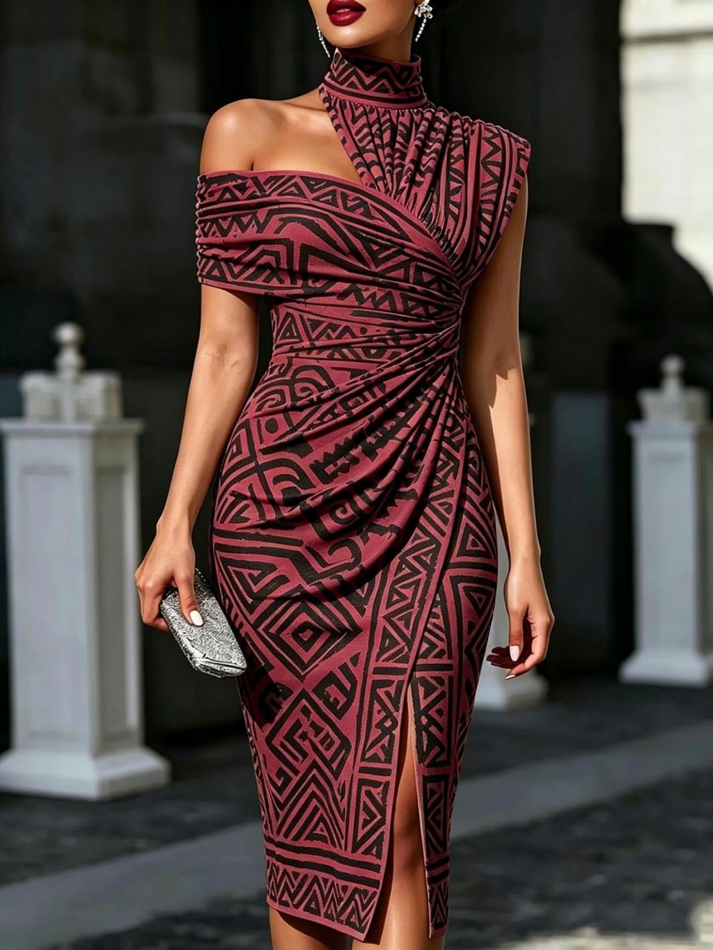 Women's One Shoulder Bodycon Midi Dress Geometric Pattern Print High Neck Slit Ruched Reunion and Vacation Casual Wear Dress