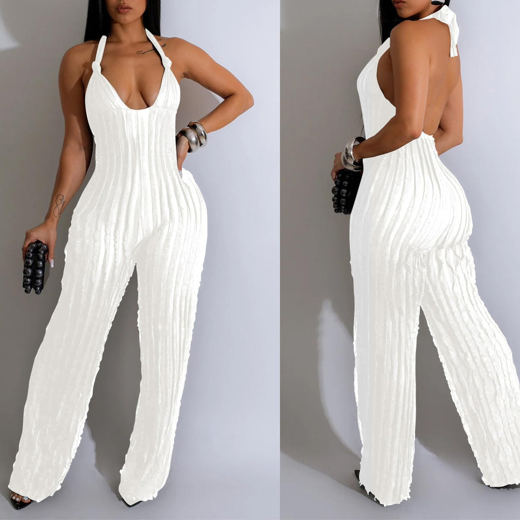 YBSKG Summer Halter Backless Jumpsuits for Women One Piece Wide Long Pants | Sexy See Through V Neck Tie Pleated One Piece Wide Leg Long Pants Romper
